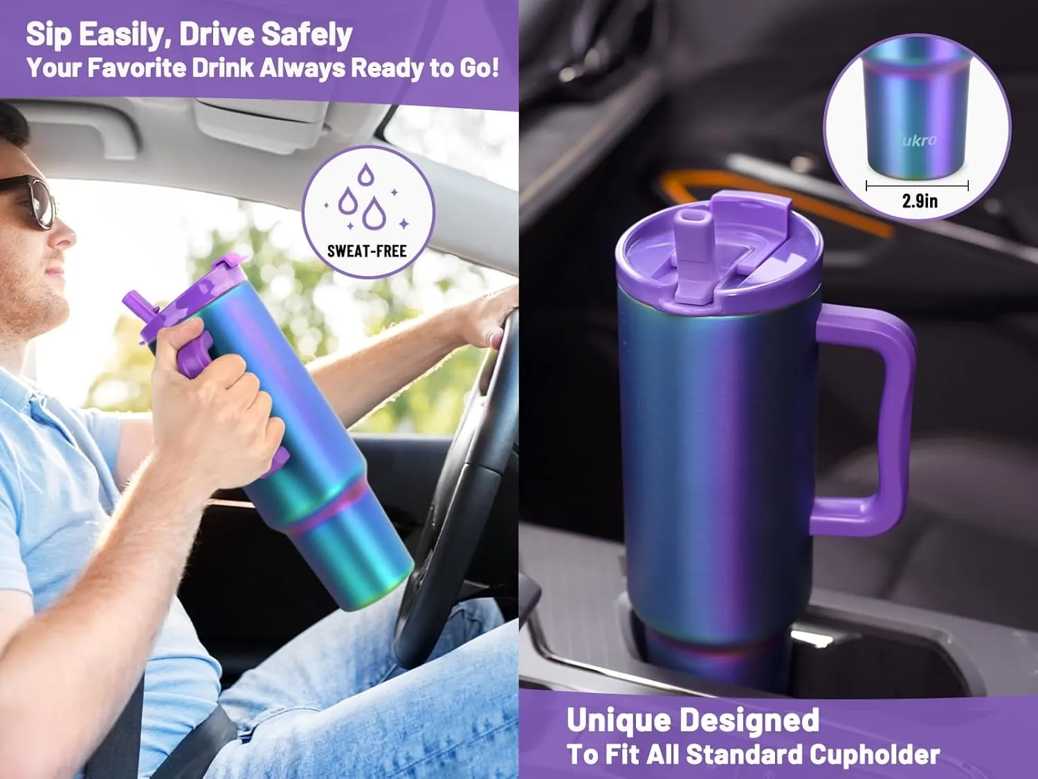 Zukro 50 oz Tumbler With Handle and Flip Straw, Leak Proof Lid, Insulated Stainless Steel Reusable Gym Water Bottle, Large Travel Cup Fit in Cupholder, BPA-Free, Gift for Women Her, Floral