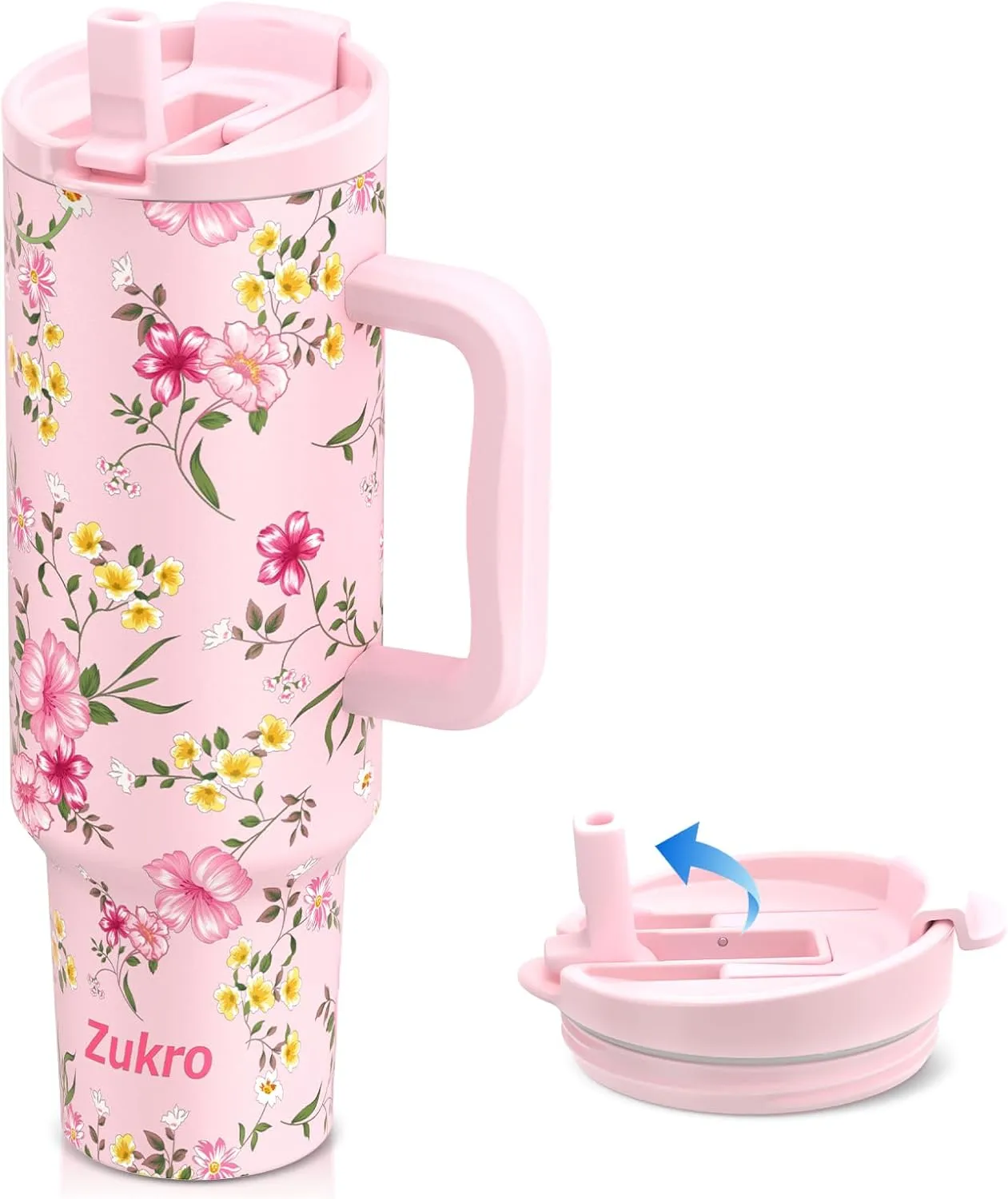 Zukro 50 oz Tumbler With Handle and Flip Straw, Leak Proof Lid, Insulated Stainless Steel Reusable Gym Water Bottle, Large Travel Cup Fit in Cupholder, BPA-Free, Gift for Women Her, Floral