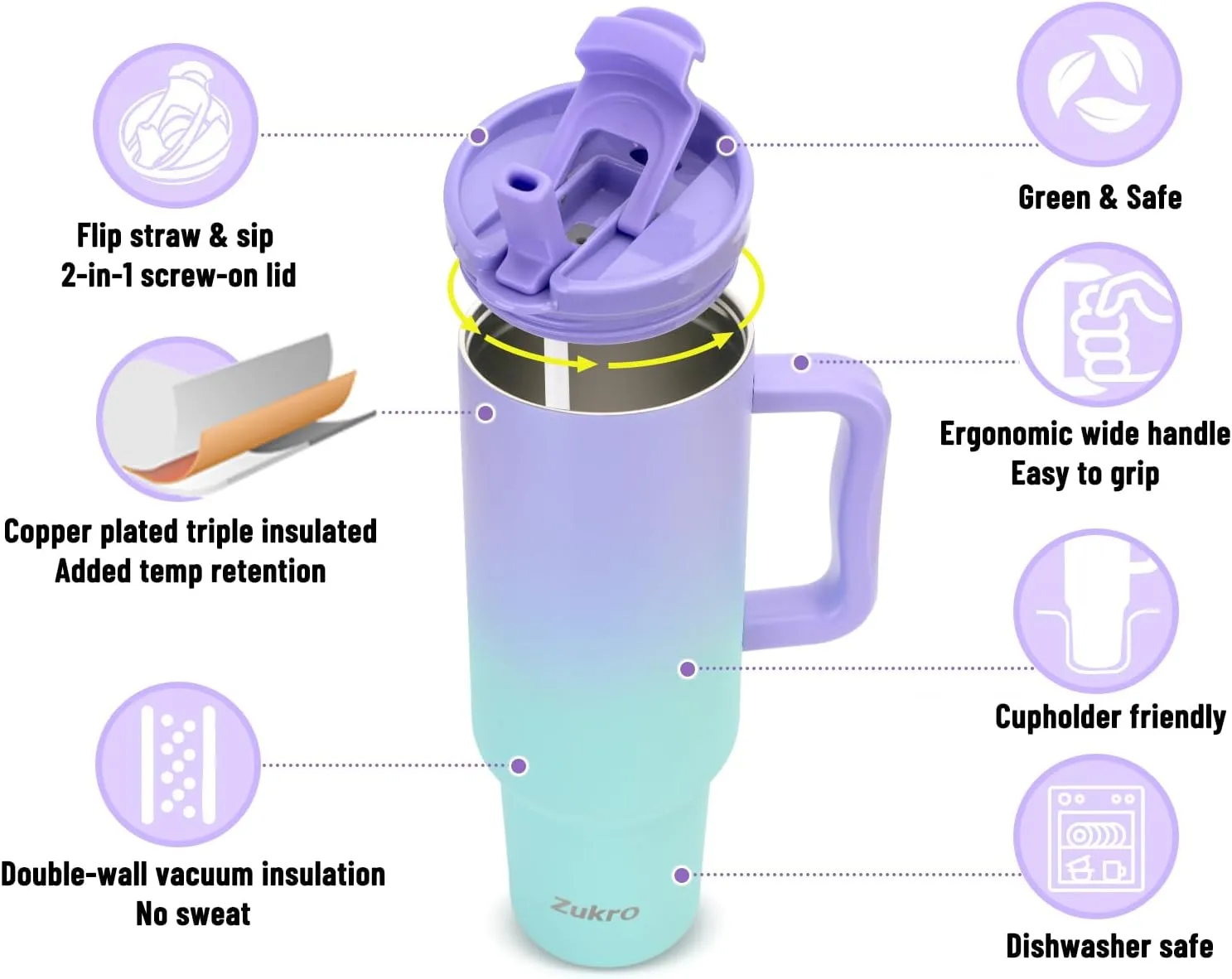 Zukro 50 oz Tumbler With Handle and Flip Straw, Leak Proof Lid, Insulated Stainless Steel Reusable Gym Water Bottle, Large Travel Cup Fit in Cupholder, BPA-Free, Gift for Women Her, Floral