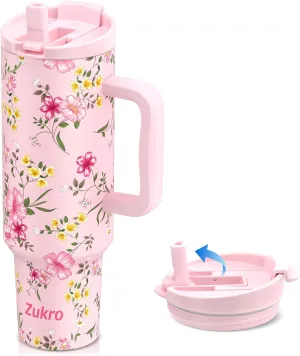 Zukro 50 oz Tumbler With Handle and Flip Straw, Leak Proof Lid, Insulated Stainless Steel Reusable Gym Water Bottle, Large Travel Cup Fit in Cupholder, BPA-Free, Gift for Women Her, Floral