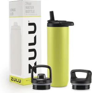 ZULU Base 24oz Stainless Steel Water Bottle with 3 Lids- Straw, Chug, Twist | Double Walled and Vacuum Insulated Metal Thermos | Fits Car Cupholder, Built in Carry Loop, Dishwasher Safe, Guac