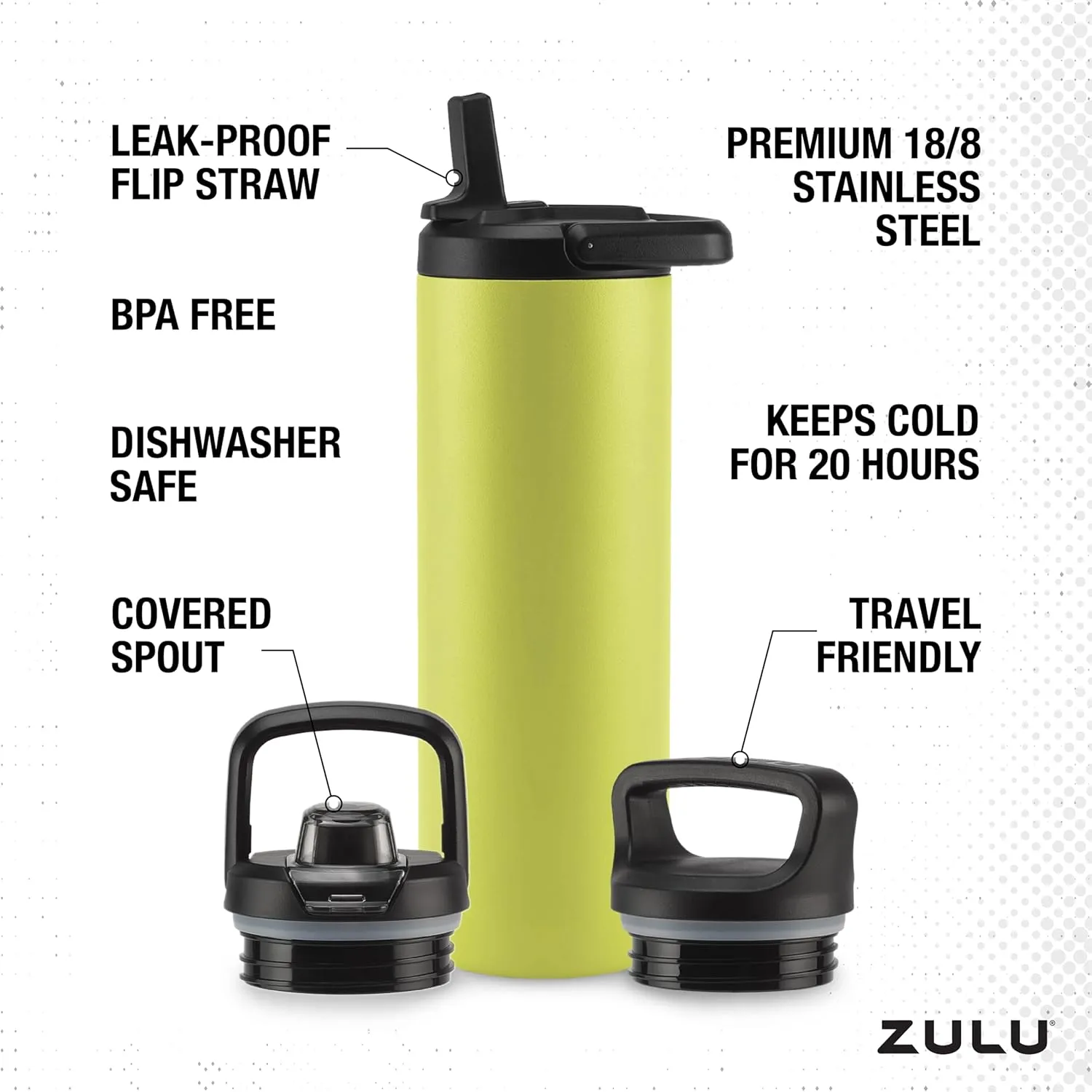 ZULU Base 24oz Stainless Steel Water Bottle with 3 Lids- Straw, Chug, Twist | Double Walled and Vacuum Insulated Metal Thermos | Fits Car Cupholder, Built in Carry Loop, Dishwasher Safe, Guac