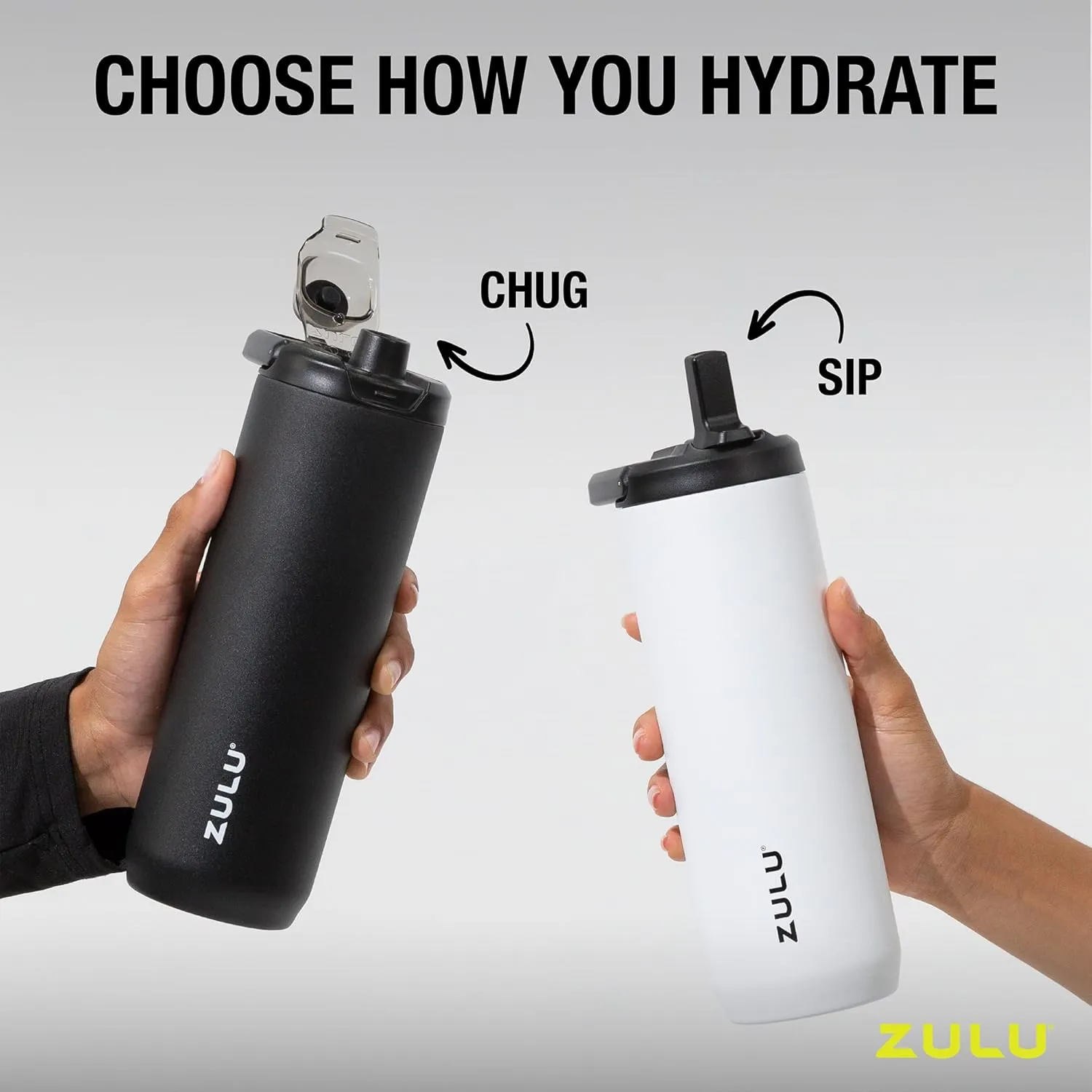 ZULU Base 24oz Stainless Steel Water Bottle with 3 Lids- Straw, Chug, Twist | Double Walled and Vacuum Insulated Metal Thermos | Fits Car Cupholder, Built in Carry Loop, Dishwasher Safe, Guac