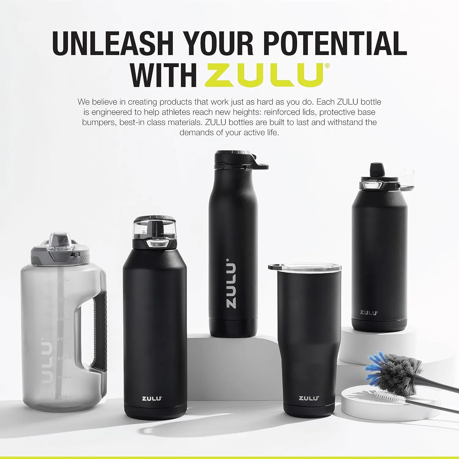 ZULU Base 24oz Stainless Steel Water Bottle with 3 Lids- Straw, Chug, Twist | Double Walled and Vacuum Insulated Metal Thermos | Fits Car Cupholder, Built in Carry Loop, Dishwasher Safe, Guac